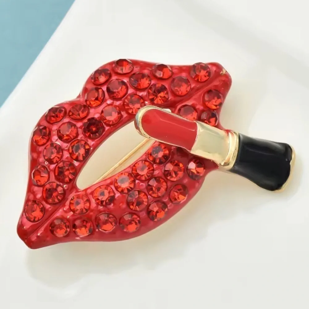 Red Crystal Lips Lipstick Brooch